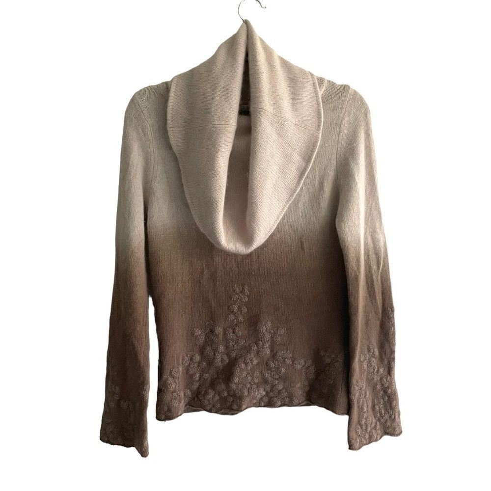 NOUGAT London Ombré Angora Cowl Neck Bell Sleeve Embroidered Sweater Tan M